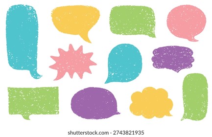 Set of speech bubbles in various shapes. Textbox in doodle style isolated on a white background. Dialogue cloud, chat icons with grunge texture. Vector illustration