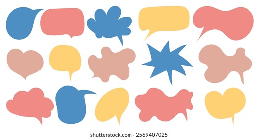 Set of speech bubbles, vector flat style, hand drawn, muted colors, icons