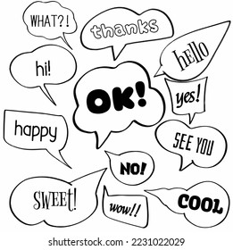 Set speech bubbles of what, thanks, hi, hello, ok, yes, see you, sweet, wow, cool, no, yes, see you. balloon, message, text, dialogue. Vector design illustration icon