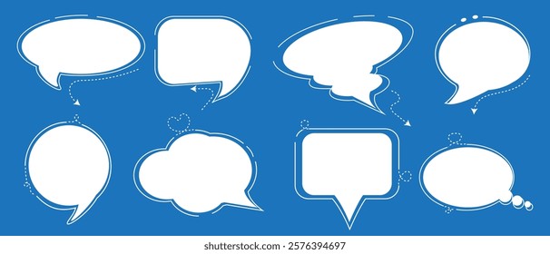 Set of speech bubbles. White on blue background. Talk bubbles. Empty blank vector white speech bubbles. Speech bubble text, message box. Vector