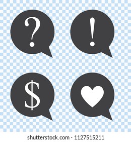Set of speech bubbles with: Exclamation mark, Question mark, Heart, Dollar symbol.