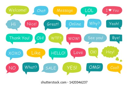 Set of speech bubbles. Yes, thank you, hello, wow, welcome, bye, ok, omg, wow, oh, xoxo, what, like, love, nice, great, cool, sale, lol, hi. Vector illustration.