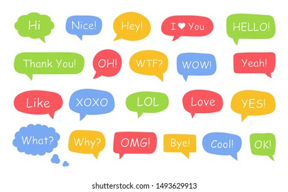 Set of speech bubbles. Yes, thank you, hello, wow, bye, ok, omg, wow, wtf, oh, xoxo, what, like, love, nice, great, cool, lol, hi. Vector illustration.