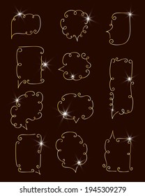 Set of speech bubbles.Hand-drawn golden curly elements. Social chat symbols.Collection of text boxes of different shapes. Dialogue banners for networks story and posts.Isolated.Vector illustration