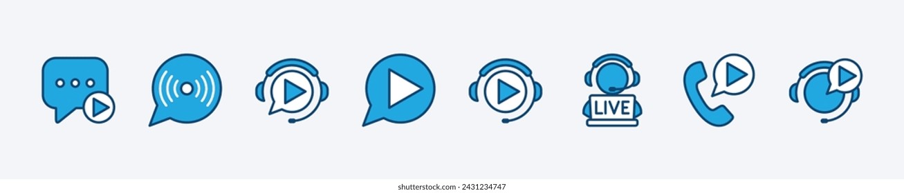 Conjunto de burbuja de chat de voz con icono de botón de reproducción. Contiene transmisión en vivo, servicio de comunicación, soporte en línea, centro de llamadas, ayuda, asistencia. Ilustración de vector