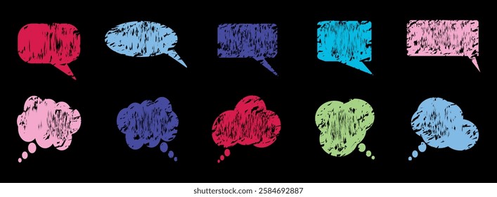 Set of speech cloud and bubble .Grunge style geometric figures drawing with brush .Doodle style figures.