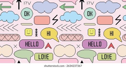 Set of speech, clouds, arrows, stickers, hearts icons create seamless pattern. Retro background in 90s style. Speech bubbles pixel art print, vector graphics