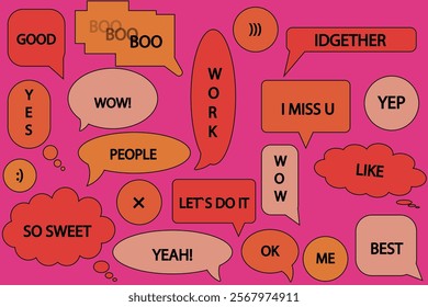 Set of speech colored bubbles. Speech bubble, speech balloon, chat bubble with text. Text in speech bubbles, message box. on colored background.