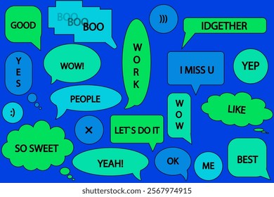 Set of speech colored bubbles. Speech bubble, speech balloon, chat bubble with text. Text in speech bubbles, message box. on colored background.