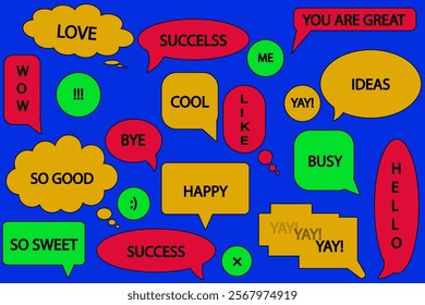 Set of speech colored bubbles. Speech bubble, speech balloon, chat bubble with text. Text in speech bubbles, message box. on colored background.