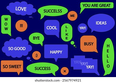 Set of speech colored bubbles. Speech bubble, speech balloon, chat bubble with text. Text in speech bubbles, message box. on colored background.