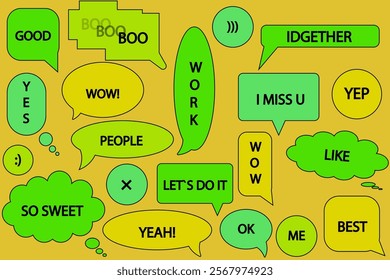 Set of speech colored bubbles. Speech bubble, speech balloon, chat bubble with text. Text in speech bubbles, message box. on colored background.