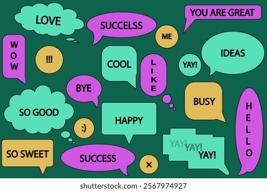 Set of speech colored bubbles. Speech bubble, speech balloon, chat bubble with text. Text in speech bubbles, message box. on colored background.