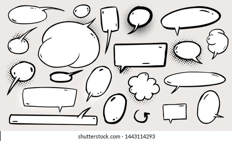 Set of speech comic bubbles. Halftone shadows and hand drawn retro style for pop art design. Eps10 vector illustration