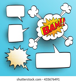 Set of speech comic bubbles. Comic sound effect. Halftone shadows. Vector illustration.