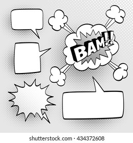 Set of speech comic bubbles. Comic sound effect. Halftone shadows. Vector illustration.