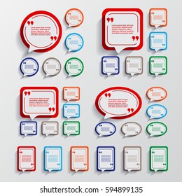 Set of speech information bubbles for design.
Quotes and brackets.
Message typography.
Flat design with Long shadow. 
Vector illustration