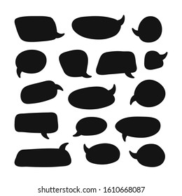 Set of speech talk black bubble template silhouette. Isolated chat icon. Hand drawn comic, retro speak cloud. Vector Illustration