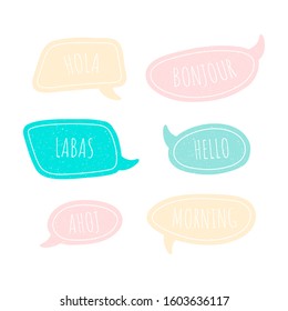 Set of speech talk bubble template. Isolated chat icon with texture and word hello. Hand drawn comic, retro speak cloud. Vector Illustration