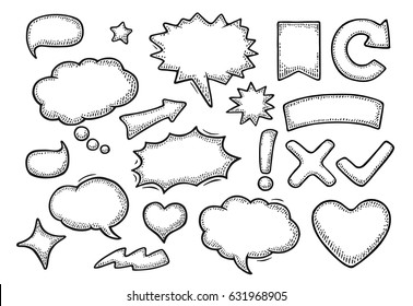 Set speech and thought bubbles. Isolated on white background. Vintage black vector engraving illustration for poster, info graphic, web.