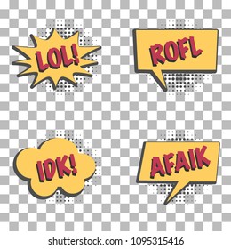 Set of speech and thought bubbles in retro cartoon style with popular internet communication acronyms, graphic design elements