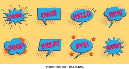 Set of speech and thought bubbles in retro cartoon style with pop art communication words, graphic design elements