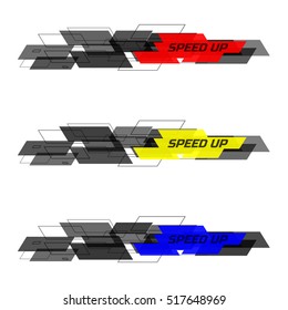 Set of Speed design concept consists of filled and contoured rectangles. Black and yellow, blue, red on white background. Design for banner, web. Vector illustration.