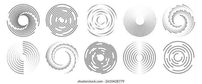 Set of speed dotted lines, ripple circle vector icons. Halftone circle graphic elements for design	