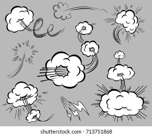 Conjunto de elementos de velocidad en el estilo de los cómics. Nubes aisladas de explosión con senderos en movimiento. Ilustración vectorial.