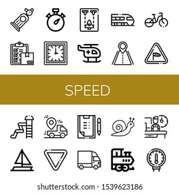 Set of speed icons. Such as Car, Delivery, Stopwatch, Clock, Spaceship, Helicopter, Train, Road, Bicycle, Wind, Waterpark, Sailing boat, Truck, Yield, Scoring, Cargo truck , speed icons