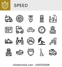 Set of speed icons such as Chronometer, Truck, Barometer, Vespa, Clock, Racing, Gearstick, Toy train, Car, American football player, Running shoes, Delivery, Bikes, Pendulum ride , speed