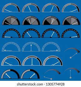 Set with speed indicators. Black and white indicators on a blue background. Vector illustration.