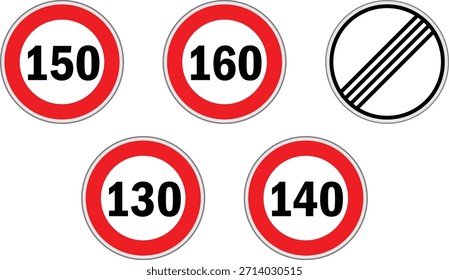 Set of speed limit signs. Road Warning from 130-160kmh and no limit. Generic road sign with red circle and black number. Road signs with speed limit warnings. Depicting speed limits ranging. 