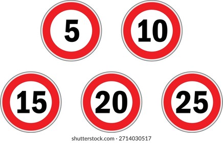 Set of speed limit signs. Road Warning from 5-25kmh and no limit. Generic road sign with red circle and black number. Road signs with speed limit warnings. Depicting speed limits ranging. 