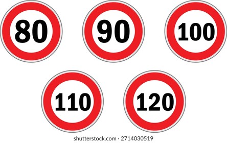 Set of speed limit signs. Road Warning from 80-120kmh and no limit. Generic road sign with red circle and black number. Road signs with speed limit warnings. Depicting speed limits ranging. 