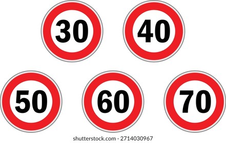 Conjunto de señales de límite de velocidad. Advertencia de carretera de 30-70kmh y sin límite. Señal de tráfico genérica con círculo rojo y número negro. Señales de tráfico con advertencias de límite de velocidad. Representación de los límites de velocidad que varían. 