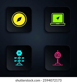 Set Speed limit traffic, Compass, Road barrier and Laptop with location marker. Black square button. Vector