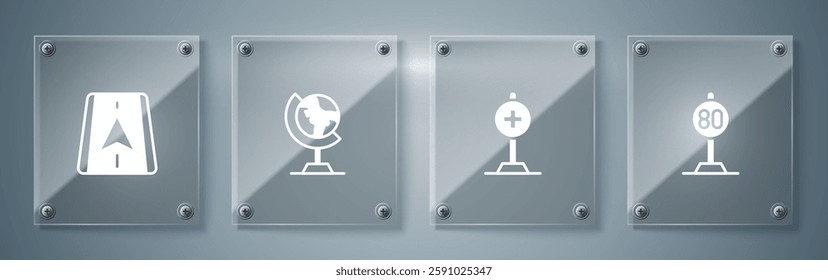 Set Speed limit traffic, Location with cross hospital, Earth globe and City map navigation. Square glass panels. Vector