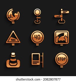 Set Speed limit traffic, Road sign, Stop, Drawbridge ahead, Traffic cone, Steep ascent and descent road,  and  icon. Vector