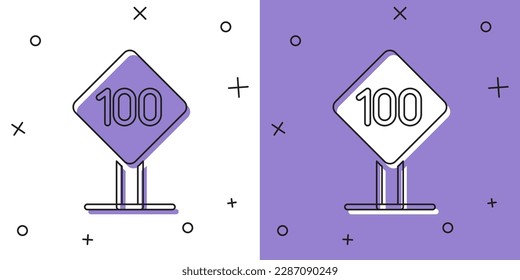 Set Speed limit traffic sign 100 km icon isolated on white and purple background.  Vector