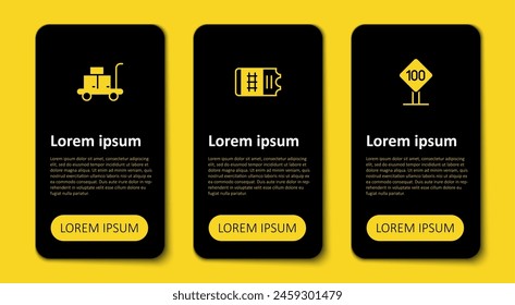 Set Speed limit traffic sign 100 km, Train ticket and Trolley suitcase. Business infographic template. Vector
