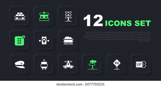 Set Speed limit traffic sign 100 km, Train ticket, Route location, Road, Online booking, Suitcase, Railway station and Handcar transportation icon. Vector
