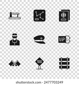 Set Speed limit traffic sign 100 km, Train ticket, Railway, railroad track, driver hat, Passport, barrier, map and conductor icon. Vector