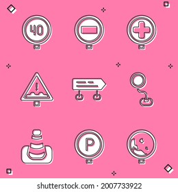 Set Speed limit traffic, Stop sign, Hospital road, Uneven ahead, Road, Traffic cone and Parking icon. Vector