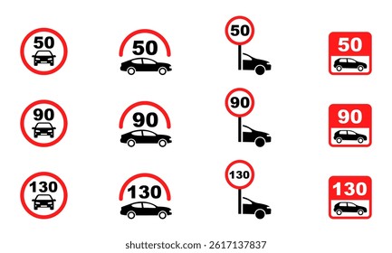 Set of speed limit vector signs. Restriction speed for car.