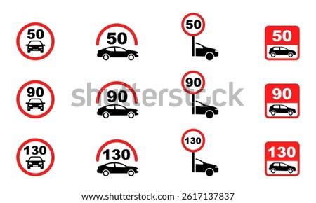 Set of speed limit vector signs. Restriction speed for car.