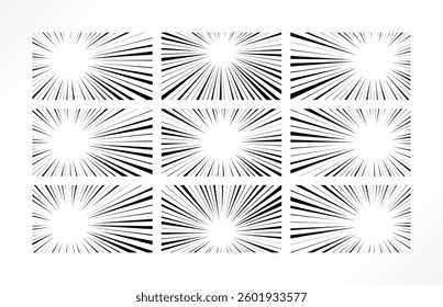 Set of speed line background. Manga comic motion motion effects illustration. Anime radial light flash explosion.