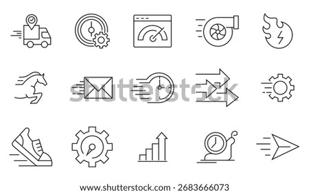 Set of speed line icon set. Contains icons such as power, speed, fast, slow, indicator, turbo, express, sprint, boost and more. Speed time vector icons set. Vector illustration.