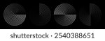 Set of speed lines in circle form. Halftone dotted speed lines. Abstract geometric circles with rotating radial lines. Design element for logo, prints, template or posters. Vector illustration