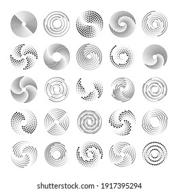 Set Of Speed Lines In Circle Form. Radial Speed Lines In Circle Form For Comic Books. Technology Round Logo. Black Thick Halftone Dotted Speed Lines.